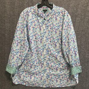 Talbots Top Womens 3X Blue Green Floral Flip Cuff Button‎ Up Shirt Office Work